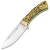 MU199 6.13" (15.57cm) overall. 2.88" (7.32cm) satin finish X50CrMoV15 stainless drop point blade. Green Maple handle. Brass guard. Full tang. Lanyard hole. Brown leather belt sheath.