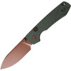VOSA2907 4.38" (11.13cm) closed. 3.25" (8.26cm) 14C28N Sandvik stainless blade. Green micarta handle. Thumb stud. Lanyard hole. Pocket clip. Copper Dune finish blade. Black nylon zippered storage case.