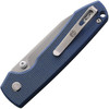 VOSA2905 4.38" (11.13cm) closed. 3.25" (8.26cm) satin finish 14C28N Sandvik stainless blade. Blue canvas micarta handle. Thumb stud. Lanyard hole. Pocket clip. Black nylon zippered storage case.