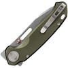 VOSA4602 4.75" (12.07cm) closed. 3.38" (8.59cm) stonewash finish flat ground S35VN stainless drop point blade. OD green aluminum handle. Thumb pull. Thumb stud. Lanyard hole. Pocket clip. Extended tang. Black nylon zippered storage case.