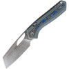 VOSA1801 4" (10.16cm) closed. 3" (7.62cm) satin finish flat ground S35VN stainless sheepsfoot blade. Blue-Gray aluminum handle with Ocean micarta inlay. Thumb pull. Lanyard hole. Pocket clip. Black nylon zippered storage case.