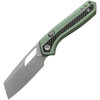 VOSA1803 4" (10.16cm) closed. 3" (7.62cm) stonewash finish flat ground S35VN stainless sheepsfoot blade. Green aluminum handle with carbon fiber inlay. Thumb pull. Lanyard hole. Pocket clip. Black nylon zippered storage case.