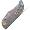 VOSA3903 4.5" (11.43cm) closed. 3.5" (8.89cm) stonewash finish S35VN stainless clip point blade. Ocean micarta handle. Pocket clip. Thumb stud. Black nylon zippered storage case.