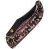 VOSA3905 4.5" (11.43cm) closed. 3.5" (8.89cm) black stonewash finish S35VN stainless clip point blade. Scarlet Void micarta handle. Pocket clip. Thumb stud. Black nylon zippered storage case.