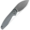 VOSA2807 4.13" (10.49cm) closed. 2.9" (7.37cm) stonewash finish Elmax steel blade. Gray aluminum handle. Thumb stud. Lanyard hole. Pocket clip. Extended tang. Left hand version. Black nylon zippered storage case.
