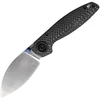 VOSA2810 4.13" (10.49cm) closed. 2.9" (7.37cm) satin finish Elmax steel blade. Black carbon fiber handle. Thumb stud. Lanyard hole. Pocket clip. Extended tang. Black nylon zippered storage case.