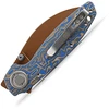 VOSA2811 4.13" (10.49cm) closed. 2.9" (7.37cm) 154CM stainless blade. Ocean blue micarta handle. Thumb stud. Lanyard hole. Pocket clip. Extended tang. Copper Dune finish blade. Black nylon zippered storage case.