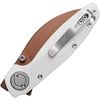 VOSA2808 4.13" (10.49cm) closed. 2.9" (7.37cm) 154CM stainless blade. Norplex UltreX G10 handle. Thumb stud. Lanyard hole. Pocket clip. Extended tang. Copper Dune finish blade. Black nylon zippered storage case.