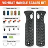 VOSW0107 Includes: (1) pair Omega springs; (2) Handle screw sets, black and gray (4) T8 screws each; (2) Clip screw sets, black and gray (2) screws each; (5) Thumb studs, black, blue, gold, red, green; (2) Clip plates, blue and green with no logo; (1) Pair handle scales. Carbon fiber construction.