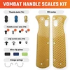 VOSX0138 Includes: (1) Pair PEI scales; (1) Pair Omega springs; (2) Handle screw sets, black and gray (4xT8 screws each); (2) Clip screw sets, black and gray (2 screws each); (3) Thumb studs (Black, Blue, Gold); (3) Clip plates (Black, Blue, Green) no logo. Color: Amber.