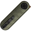 VOSA3724 3.5" (8.89cm) closed. 2.38" (6.05cm) 14C28N Sandvik stainless drop point blade. Green textured aluminum handle. Pocket clip. Copper Dune finish blade. Black nylon zippered storage case.