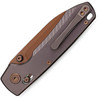 VOSA4503 4.38" (11.13cm) closed. 3.25" (8.26cm) 154CM stainless drop point blade. Titanium handle. Thumb stud. Lanyard hole. Pocket clip. Copper Dune finish blade. Reddish purple handle. Black nylon zippered storage case.