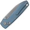 VOSA4502 4.38" (11.13cm) closed. 3.25" (8.26cm) stonewash finish 154CM stainless drop point blade. Blue titanium handle. Thumb stud. Lanyard hole. Pocket clip. Black nylon zippered storage case.