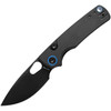 VOSA2601 4.13" (10.49cm) closed. 3" (7.62cm) black stonewash finish 14C28N Sandvik stainless drop point blade. Black canvas micarta handle. Thumb pull. Lanyard hole. Pocket clip. Blue accents. Black nylon pouch.