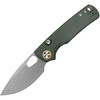 VOSA2603 4.13" (10.49cm) closed. 3" (7.62cm) stonewash finish 14C28N Sandvik stainless drop point blade. Green canvas micarta handle. Thumb pull. Lanyard hole. Pocket clip. Black nylon pouch.