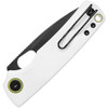 VOSA2606 4.13" (10.49cm) closed. 3" (7.62cm) black stonewash finish 14C28N Sandvik stainless drop point blade. White G10 handle. Thumb pull. Lanyard hole. Pocket clip. Green accents. Black nylon pouch.