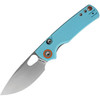 VOSA2608 4.13" (10.49cm) closed. 3" (7.62cm) satin finish 14C28N Sandvik stainless drop point blade. Sky blue G10 handle. Thumb pull. Lanyard hole. Pocket clip. Orange accents. Black nylon pouch.