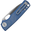 VOSA2605 4.13" (10.49cm) closed. 3" (7.62cm) satin finish 14C28N Sandvik stainless drop point blade. Blue canvas micarta handle. Thumb pull. Lanyard hole. Pocket clip. Black nylon pouch.