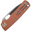 VOSA2604 4.13" (10.49cm) closed. 3" (7.62cm) satin finish 14C28N Sandvik stainless drop point blade. Brown canvas micarta handle. Thumb pull. Lanyard hole. Pocket clip. Bronze accents. Black nylon pouch.