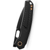VOSA2201 4.75" (12.07cm) closed. 3.25" (8.26cm) black stonewash finish Elmax steel drop point blade. Black titanium handle. Thumb pull. Lanyard hole. Pocket clip. Extended tang. Hardside case.