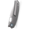 VOSA2202 4.75" (12.07cm) closed. 3.25" (8.26cm) satin finish Elmax steel drop point blade. Gray textured titanium handle. Thumb pull. Lanyard hole. Pocket clip. Extended tang. Hardside case.