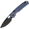 VOSA2205 4.75" (12.07cm) closed. 3.38" (8.59cm) black stonewash finish Elmax steel drop point blade. Blue titanium handle. Thumb pull. Lanyard hole. Pocket clip. Black nylon zippered storage case.