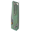 VOSA3519 4.13" (10.49cm) closed. 2.9" (7.37cm) stonewash finish 154CM stainless reverse tanto blade. Green titanium handle. Thumb stud. Lanyard hole. Pocket clip. Black nylon zippered storage case.