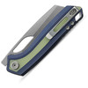 VOSA1814 4.38" (11.13cm) closed. 3.25" (8.26cm) stonewash finish S35VN stainless sheepsfoot blade. Slate blue aluminum handle with glow G10 inlay. Thumb pull. Lanyard hole. Pocket clip.