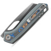 VOSA1813 4.38" (11.13cm) closed. 3.25" (8.26cm) satin finish S35VN stainless sheepsfoot blade. Gray aluminum handle with Ocean micarta inlay. Thumb pull. Lanyard hole. Pocket clip. Black nylon zippered storage case.