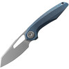 VOSA4303 4.75" (12.07cm) closed. 3.5" (8.89cm) Bohler M390 stainless reverse tanto blade. Blue titanium handle. Extended tang. Thumb pull. Lanyard hole. Pocket clip. Stonewash and bead blast finish blade.