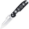 KI4562A3 4.13" (10.49cm) closed. 3.25" (8.26cm) satin finish S35VN stainless blade. Black and white G10 handle. Thumb pull. Pocket clip. Symbols on handle. Black nylon pouch.