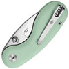 KIV2742A4 3.13" (7.95cm) closed. 2.13" (5.41cm) satin finish 14C28N Sandvik stainless drop point blade. Green G10 handle. Pocket clip. Thumb stud.