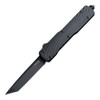 HO34860 Automatic opening. 5" (12.7cm) closed. 3.38" (8.59cm) black PVD coated CPM-20CV stainless tanto blade. Black G10 handle with black aluminum back handle. Glass breaker. Pocket clip. Lanyard hole. Ambidextrous trigger deployment and retraction. Blue anodized titanium hardware.