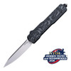 HO34879 Automatic opening. 5" (12.7cm) closed. 3.38" (8.59cm) stonewash finish CPM-20CV stainless drop point blade. Black and gray G10 G-Mascus handle with black aluminum back handle. Glass breaker. Lanyard hole. Pocket clip.