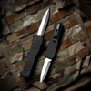 HO54070 Automatic opening. 5" (12.7cm) closed. 3.13" (7.95cm) stonewash finish double edge 154CM stainless dagger blade. Black aluminum handle. Glass breaker. Pocket clip.
