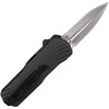 HO34709 Automatic opening. 3" (7.62cm) closed. 2" (5.08cm) tumbled finish double edge CPM MagnaCut stainless dagger blade. Black sculpted polymer handle. Pocket clip.