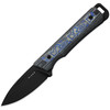KI1108A1 5.63" (14.3cm) overall. 2.13" (5.41cm) black coated drop point blade. Black and blue Norplex UltreX micarta handle with Black and blue Vortex micarta inlay. Full, extended tang. Lanyard hole. 10V steel blade. Black Kydex belt sheath.