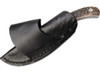BOP02BO515 6.38" (16.21cm) overall. 6.38" (16.21cm) closed. 2.88" (7.32cm) 440C stainless upswept blade. Stag bone handle. Full tang. Sewn-in magnet in sheath to enable quick draw carry. Leather belt sheath.
