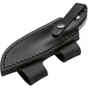 BOP02BO046 5.88" (14.94cm) overall. 2.5" (6.35cm) satin finish 440 stainless blade. Black G10 handle. Full tang. Lanyard hole. Black leather belt sheath.