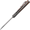 KARB104 4.13" (10.49cm) closed. 3.13" (7.95cm) satin finish Bohler M390 stainless spear point blade. With ironwood inlay. Extended tang. Lanyard hole. Inlay shield. Pocket clip. Gray titanium frame with integral shield. Made by Reate. Designed by Ken Onion.