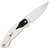 J1972WBK 4.5" (11.43cm) closed. 3.38" (8.59cm) stonewash finish AR-RPM9 stainless drop point blade. Black and white G10 handle. Extended tang. Pocket clip. Black nylon zippered storage case.