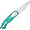 J1972GWH 4.5" (11.43cm) closed. 3.38" (8.59cm) stonewash finish AR-RPM9 stainless drop point blade. Green and white G10 handle. Extended tang. Pocket clip. Black nylon zippered storage case.
