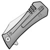 AUX002TITN 3.75" (9.53cm) closed. 2.75" (6.99cm) stonewash finish Bohler M390 stainless tanto blade. Milled titanium handle. Extended tang. Pocket clip.