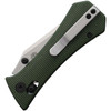 AUX005GRN 3.75" (9.53cm) closed. 2.75" (6.99cm) stonewash finish 14C28N Sandvik stainless tanto blade. Green canvas micarta handle. Thumb stud. Pocket clip. Orange G10 backspacer.