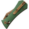 AUX009GRN 3.75" (9.53cm) closed. 2.75" (6.99cm) gold PVD coated 14C28N Sandvik stainless bowie blade. Green aluminum handle. Thumb stud. Pocket clip.