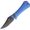 AUX009BLU 3.75" (9.53cm) closed. 2.75" (6.99cm) black finish 14C28N Sandvik stainless bowie blade. Blue aluminum handle. Thumb stud. Pocket clip.