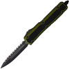 MCT2063ODS Automatic opening. 5.13" (13.03cm) closed. 3.38" (8.59cm) black Cerakote finish serrated stainless dagger blade. OD green anodized aluminum handle with black textured insert. Glass breaker. Lanyard hole. Pocket clip. Double edge blade. Nickel Boron internals. Signature Series.