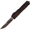 MCT112141TPBKOR Automatic opening. 5" (12.7cm) closed. 3.5" (8.89cm) two-tone finish Bohler M390MK stainless blade. Black and orange aluminum handle. Pocket clip. Lanyard hole. Glass breaker. Topographic handle.