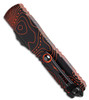 MCT112141TPBKOR Automatic opening. 5" (12.7cm) closed. 3.5" (8.89cm) two-tone finish Bohler M390MK stainless blade. Black and orange aluminum handle. Pocket clip. Lanyard hole. Glass breaker. Topographic handle.
