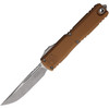 MCT1121410APBN Automatic opening. 5" (12.7cm) closed. 3.5" (8.89cm) Apocalyptic finish Bohler M390MK stainless blade. Brown aluminum handle. Glass breaker. Lanyard hole. Pocket clip.